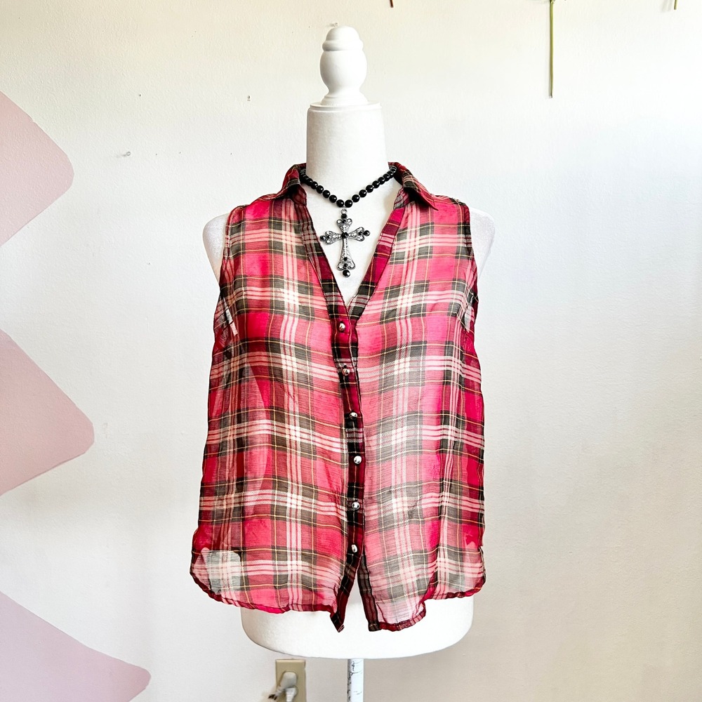 Wet Seal Plaid Top Sheer Punk Y2K 2000s‎ Grunge Retro Whimsigoth Vampire Medium